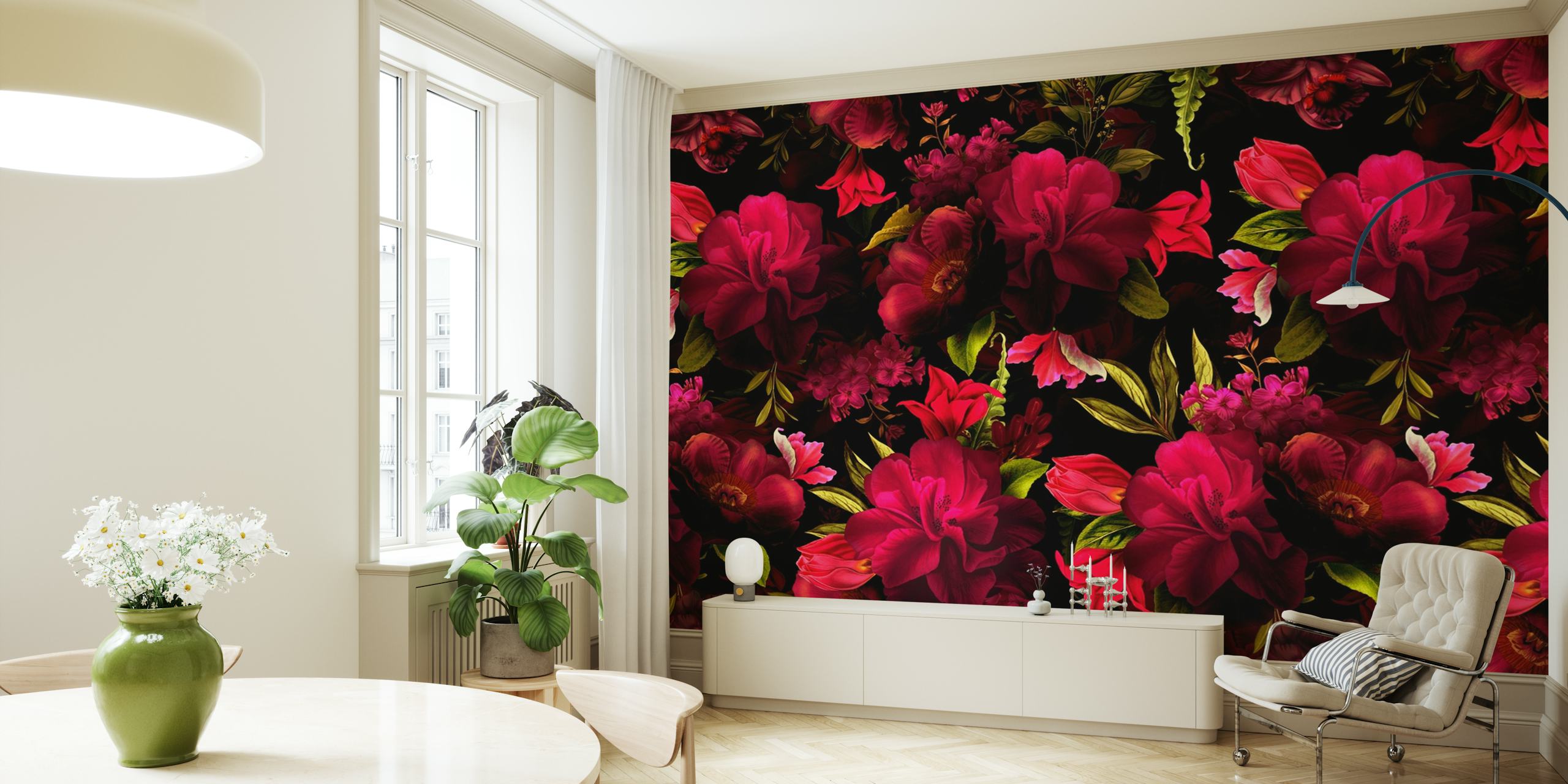 Baroque style wall mural with blooming red roses on a dark background evoking a night garden scene.